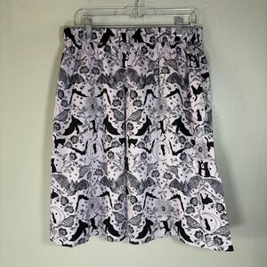 ModCloth Womens Spooky Black Cat Bat Raven Print A-Line Skirt Lavender Large
